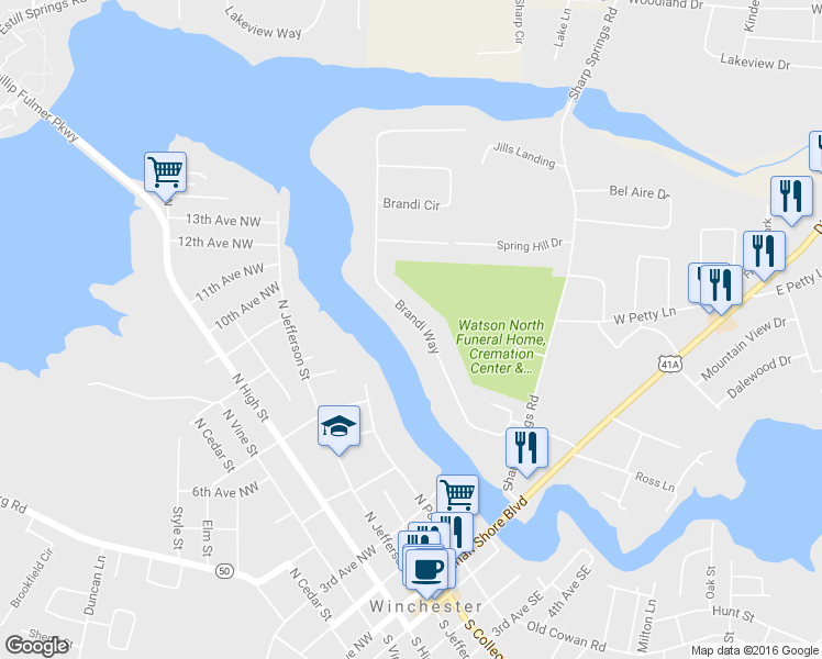 map of restaurants, bars, coffee shops, grocery stores, and more near 127 Brandi Way in Winchester