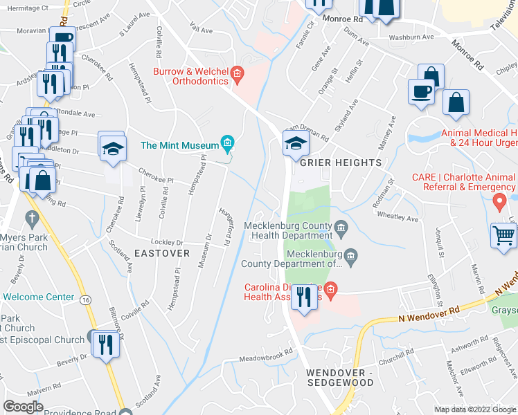 map of restaurants, bars, coffee shops, grocery stores, and more near 3212 Eastover Ridge Drive in Charlotte