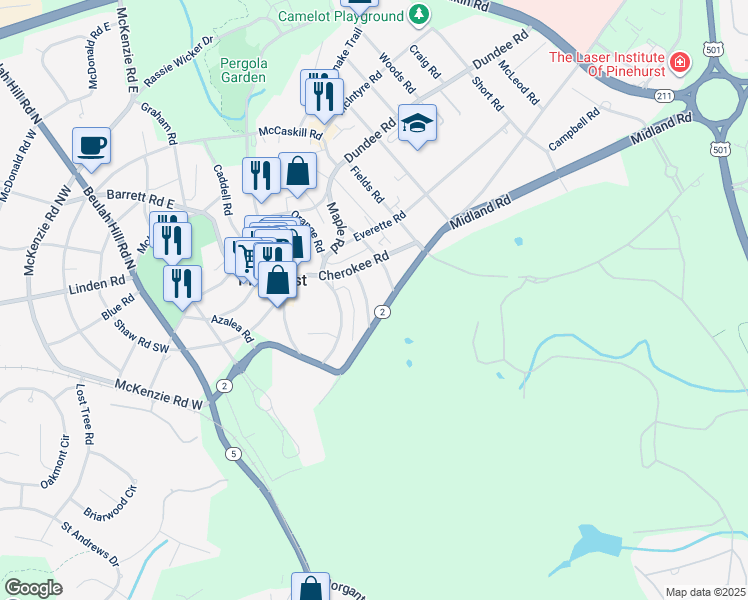map of restaurants, bars, coffee shops, grocery stores, and more near 40 Laurel Road in Pinehurst