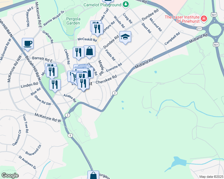 map of restaurants, bars, coffee shops, grocery stores, and more near 40 Laurel Road in Pinehurst