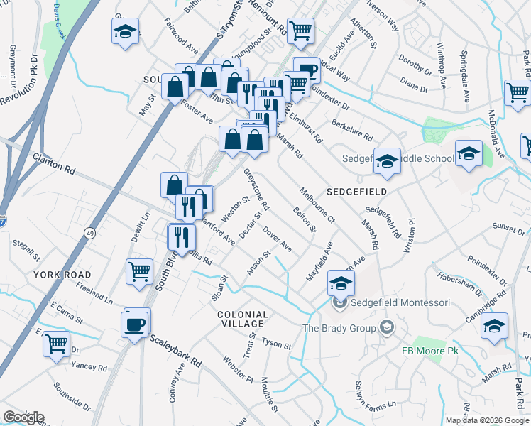 map of restaurants, bars, coffee shops, grocery stores, and more near 416 Greystone Road in Charlotte