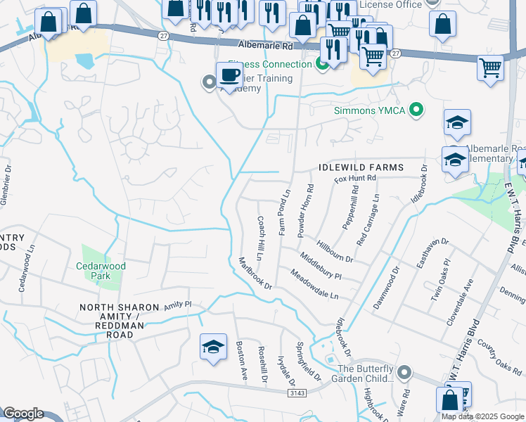 map of restaurants, bars, coffee shops, grocery stores, and more near 6115 Coach Hill Lane in Charlotte