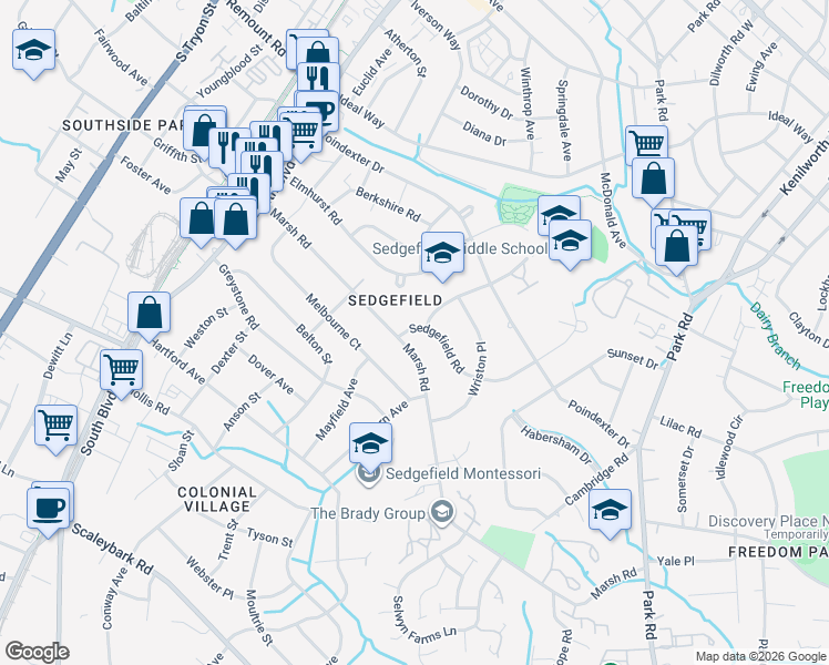 map of restaurants, bars, coffee shops, grocery stores, and more near 613 Marsh Road in Charlotte
