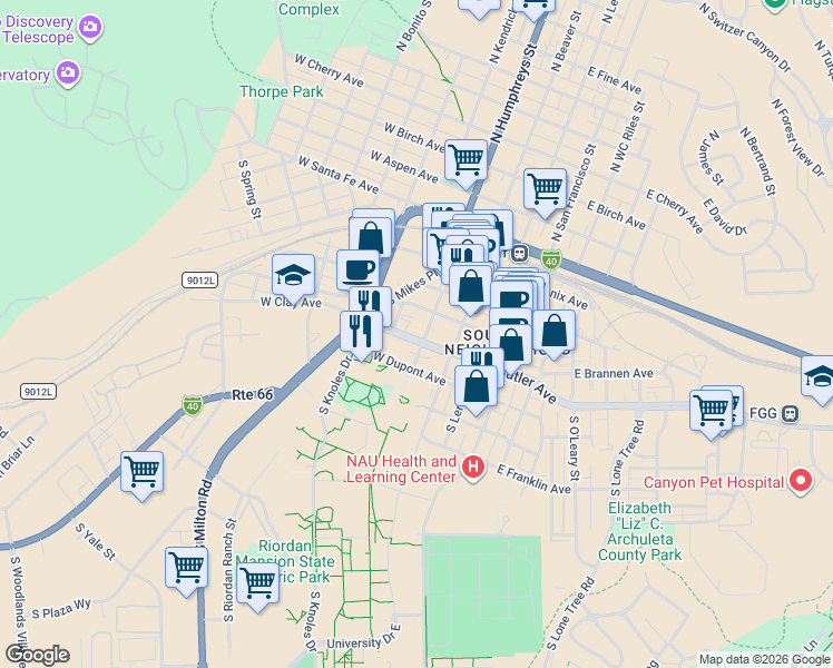 map of restaurants, bars, coffee shops, grocery stores, and more near 224 South Humphreys Street in Flagstaff