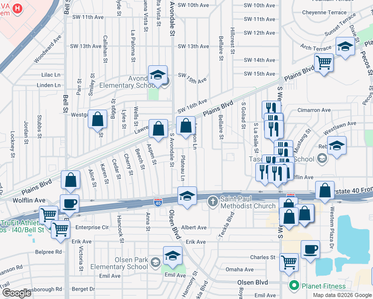 map of restaurants, bars, coffee shops, grocery stores, and more near 1805 Plateau Lane in Amarillo