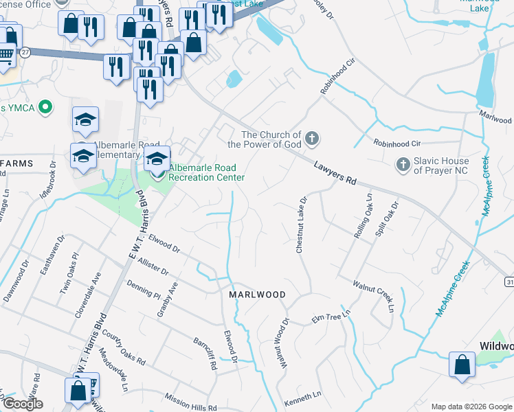 map of restaurants, bars, coffee shops, grocery stores, and more near 7600 Applewood Lane in Charlotte
