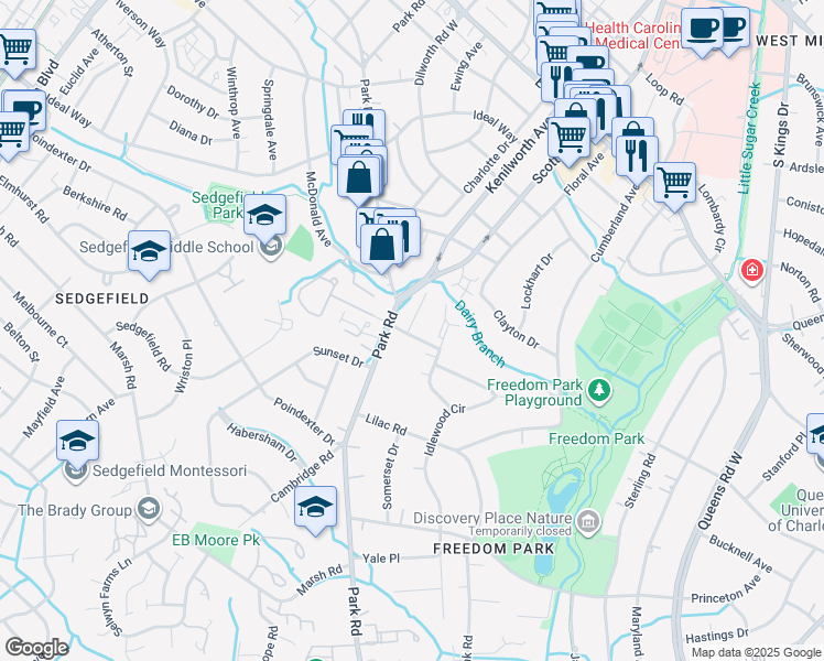 map of restaurants, bars, coffee shops, grocery stores, and more near 1125 Salem Drive in Charlotte