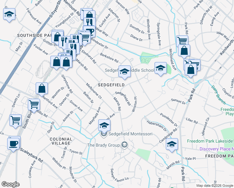 map of restaurants, bars, coffee shops, grocery stores, and more near 613 Marsh Road in Charlotte