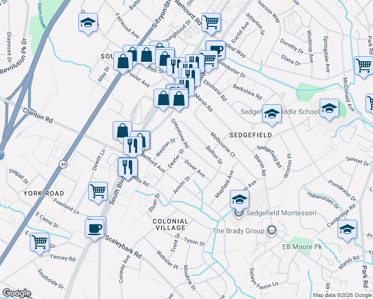map of restaurants, bars, coffee shops, grocery stores, and more near 416 Greystone Road in Charlotte