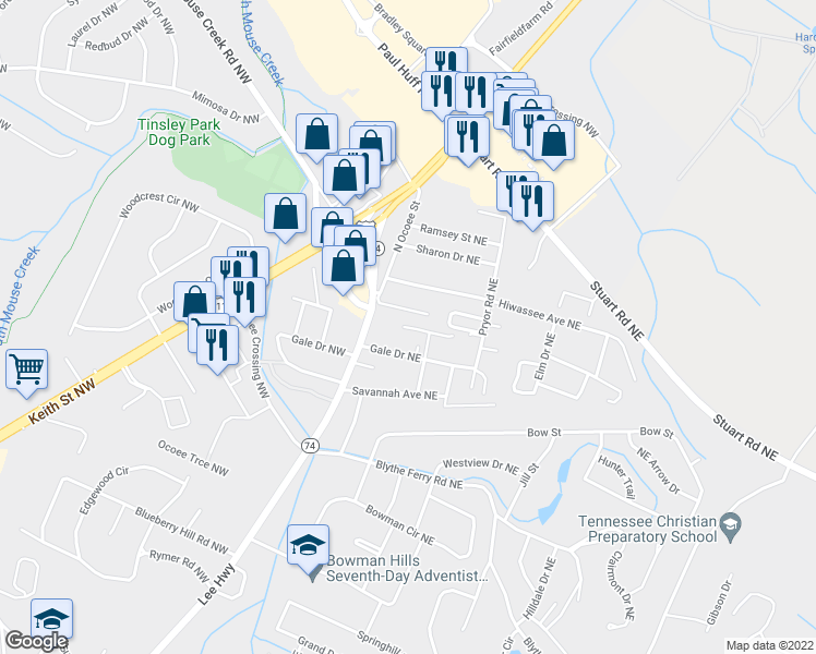 map of restaurants, bars, coffee shops, grocery stores, and more near 107 Emmyllie Court Northeast in Cleveland