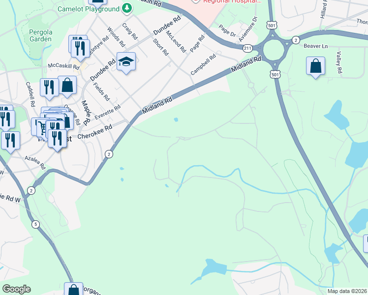 map of restaurants, bars, coffee shops, grocery stores, and more near 155 Brookhaven Road in Pinehurst