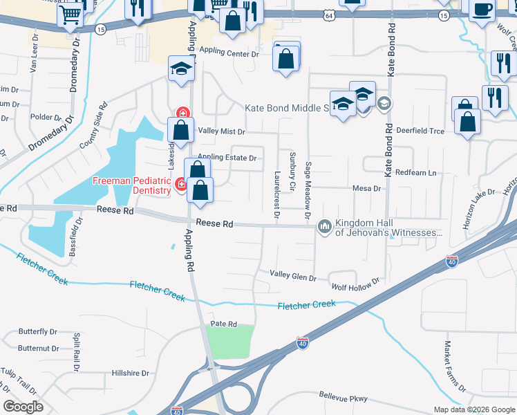 map of restaurants, bars, coffee shops, grocery stores, and more near 2539 Appling Crest Drive in Memphis