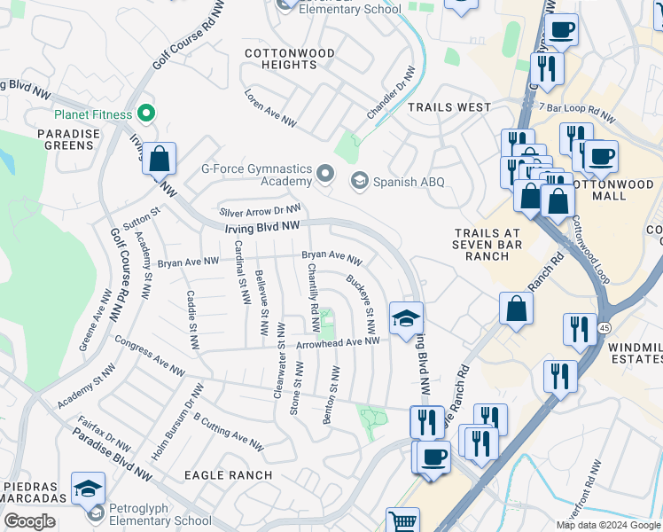 map of restaurants, bars, coffee shops, grocery stores, and more near 9980 Buckeye Street Northwest in Albuquerque