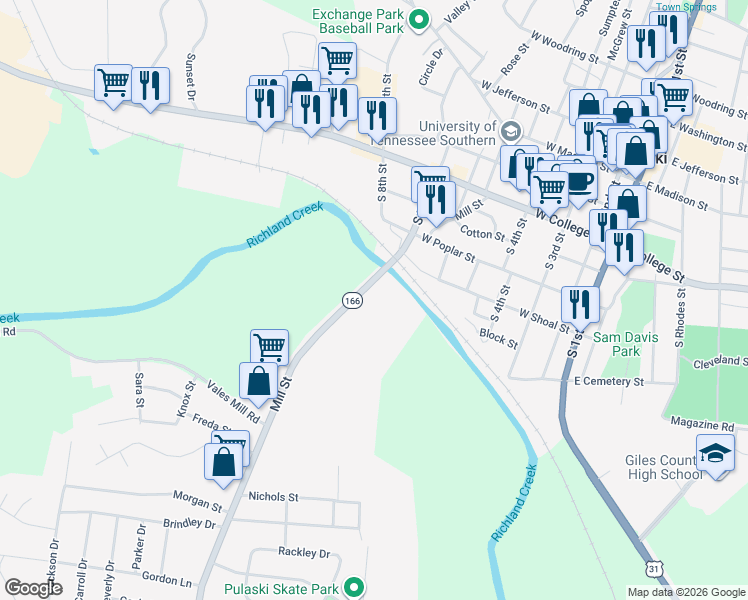 map of restaurants, bars, coffee shops, grocery stores, and more near in Pulaski