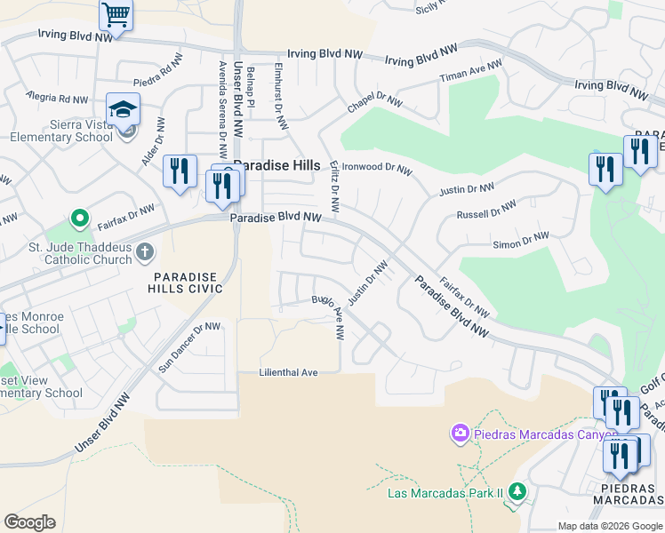 map of restaurants, bars, coffee shops, grocery stores, and more near 9915 Brunswick Place Northwest in Albuquerque