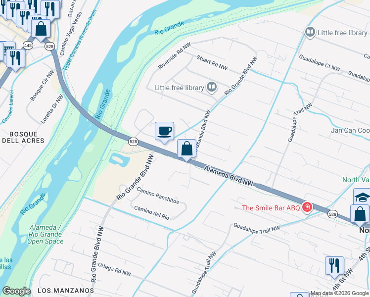 map of restaurants, bars, coffee shops, grocery stores, and more near 1111 Alameda Boulevard Northwest in Albuquerque
