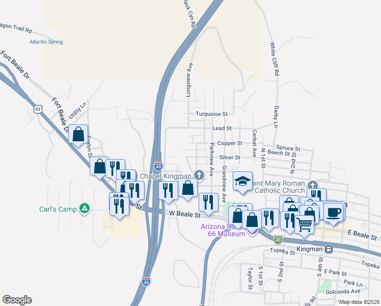 map of restaurants, bars, coffee shops, grocery stores, and more near 614 Silver Street in Kingman