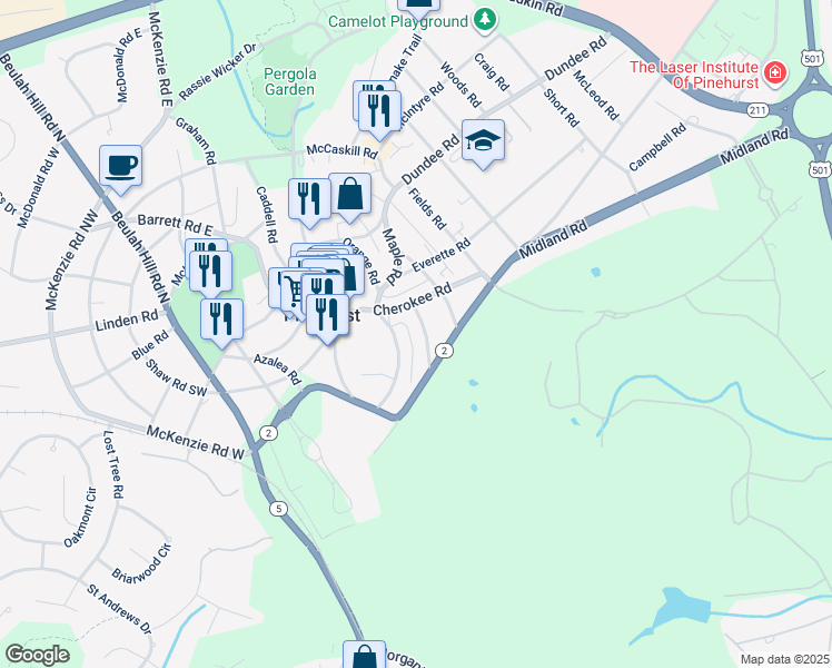 map of restaurants, bars, coffee shops, grocery stores, and more near 45 Laurel Road in Pinehurst