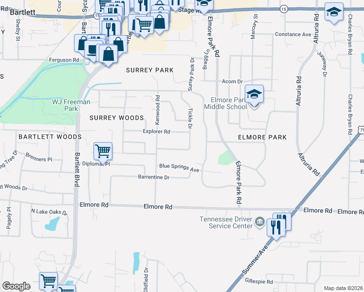 map of restaurants, bars, coffee shops, grocery stores, and more near 6085 Sugar Tree Avenue in Bartlett