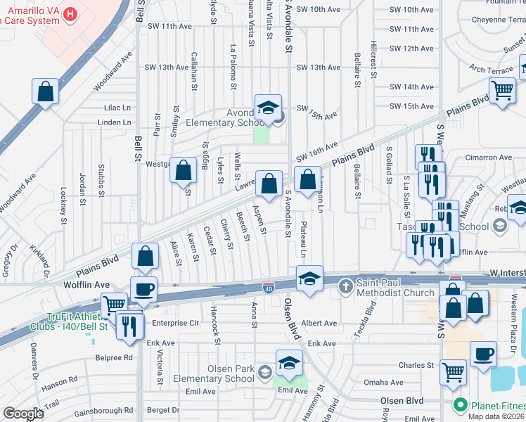 map of restaurants, bars, coffee shops, grocery stores, and more near 5110 James Avenue in Amarillo