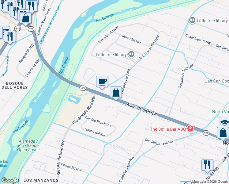 map of restaurants, bars, coffee shops, grocery stores, and more near 1111 Alameda Boulevard Northwest in Albuquerque
