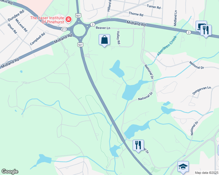 map of restaurants, bars, coffee shops, grocery stores, and more near 30 Prestwick Court in Pinehurst