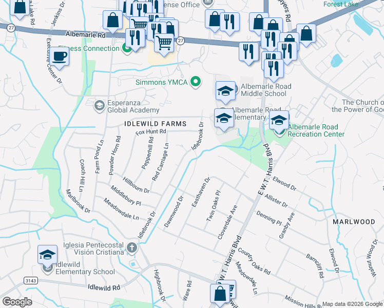 map of restaurants, bars, coffee shops, grocery stores, and more near 4726 Dawnwood Drive in Charlotte