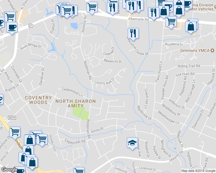 map of restaurants, bars, coffee shops, grocery stores, and more near 6332 Cold Water Lane in Charlotte