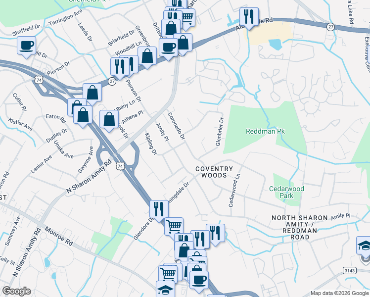map of restaurants, bars, coffee shops, grocery stores, and more near 4816 Coronado Drive in Charlotte