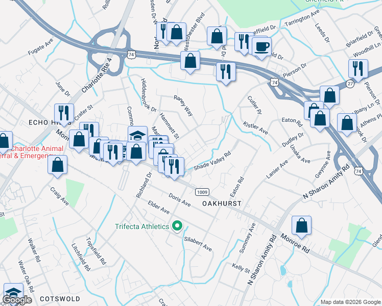 map of restaurants, bars, coffee shops, grocery stores, and more near 3055 Salix Bend Drive in Charlotte