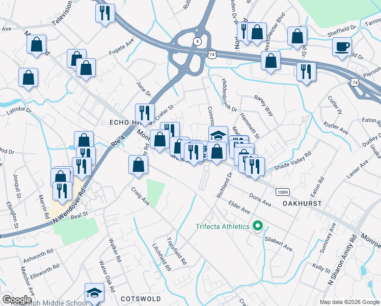 map of restaurants, bars, coffee shops, grocery stores, and more near 4201-4499 Monroe Rd in Charlotte