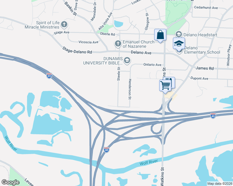 map of restaurants, bars, coffee shops, grocery stores, and more near 2535 Steele Street in Memphis