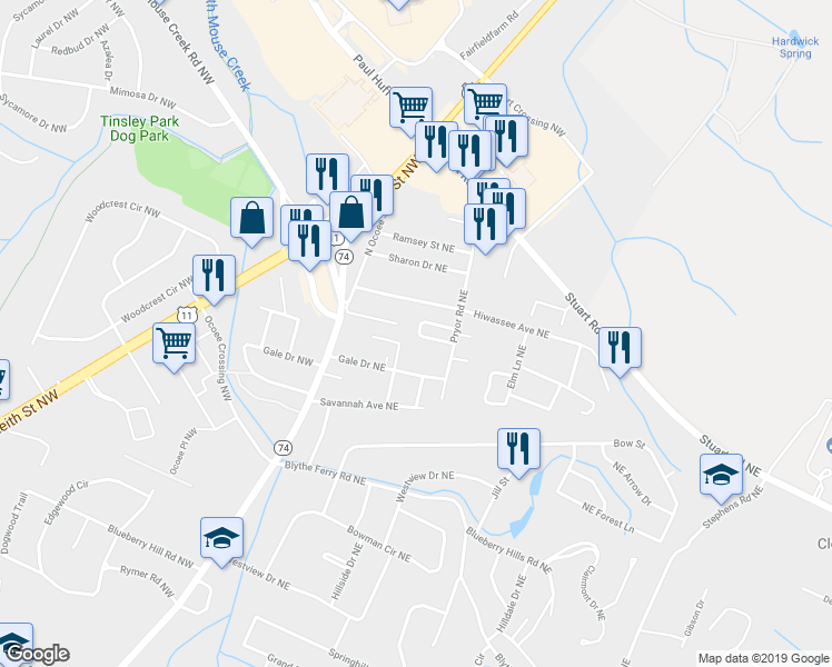 map of restaurants, bars, coffee shops, grocery stores, and more near 60 Northcrest Circle Northeast in Cleveland