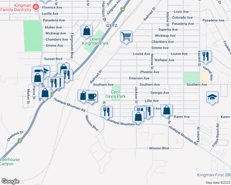 map of restaurants, bars, coffee shops, grocery stores, and more near 601 Van Buren Street in Kingman