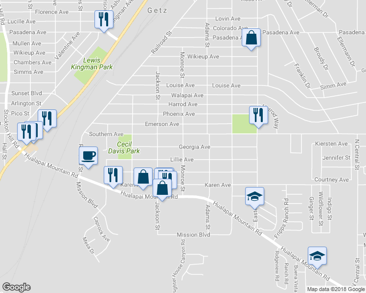 map of restaurants, bars, coffee shops, grocery stores, and more near Georgia Avenue in Kingman