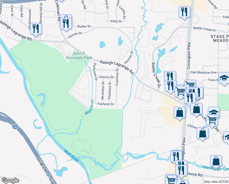 map of restaurants, bars, coffee shops, grocery stores, and more near 2535 Courtney Drive in Memphis