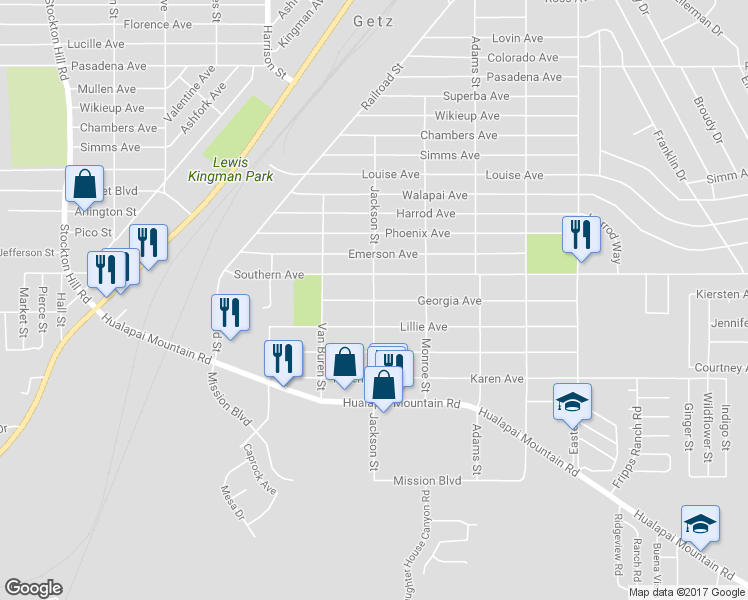 map of restaurants, bars, coffee shops, grocery stores, and more near Jackson Street in Kingman