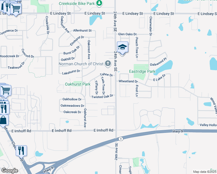 map of restaurants, bars, coffee shops, grocery stores, and more near 1906 23rd Avenue Southeast in Norman