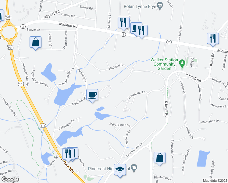 map of restaurants, bars, coffee shops, grocery stores, and more near 150 Cochran Castle Circle in Pinehurst