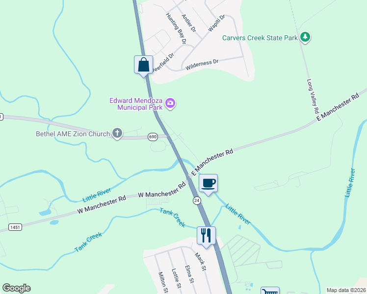 map of restaurants, bars, coffee shops, grocery stores, and more near 1768-1810 North Bragg Boulevard in Spring Lake
