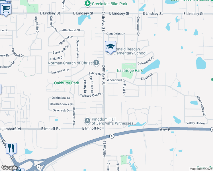 map of restaurants, bars, coffee shops, grocery stores, and more near 1906 Leeds Lane in Norman