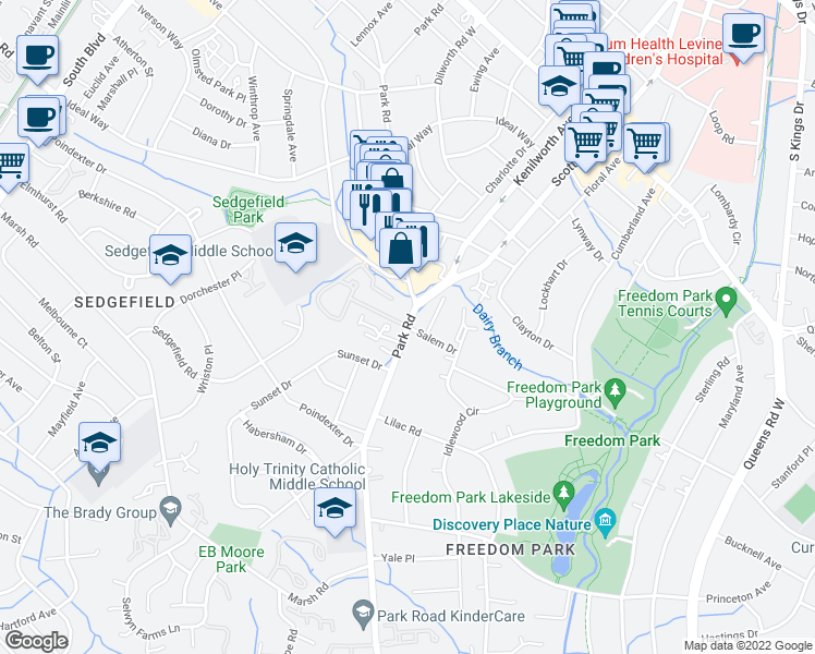 map of restaurants, bars, coffee shops, grocery stores, and more near Park Rd & Salem Dr in Charlotte