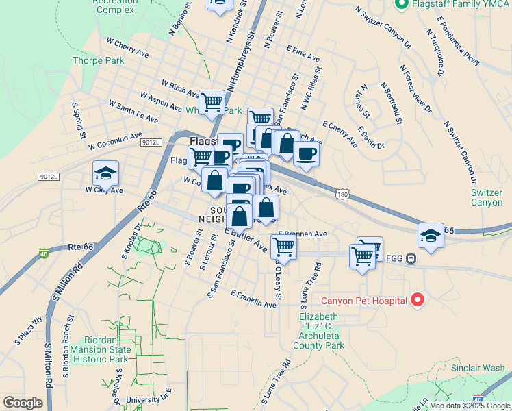 map of restaurants, bars, coffee shops, grocery stores, and more near 106 South WC Riles Drive in Flagstaff