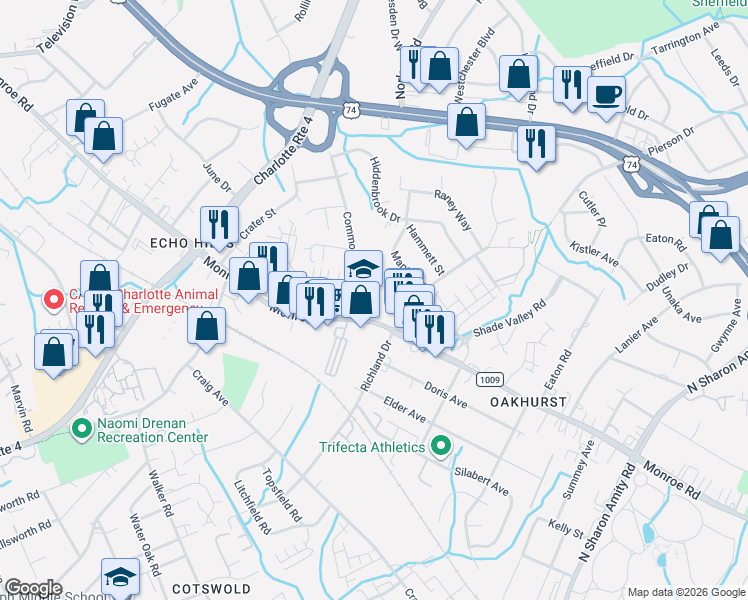 map of restaurants, bars, coffee shops, grocery stores, and more near 4522 Monroe Road in Charlotte