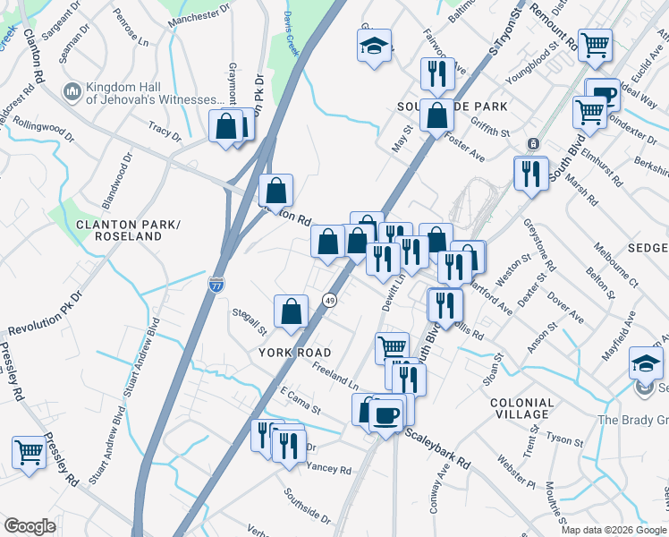 map of restaurants, bars, coffee shops, grocery stores, and more near in Charlotte