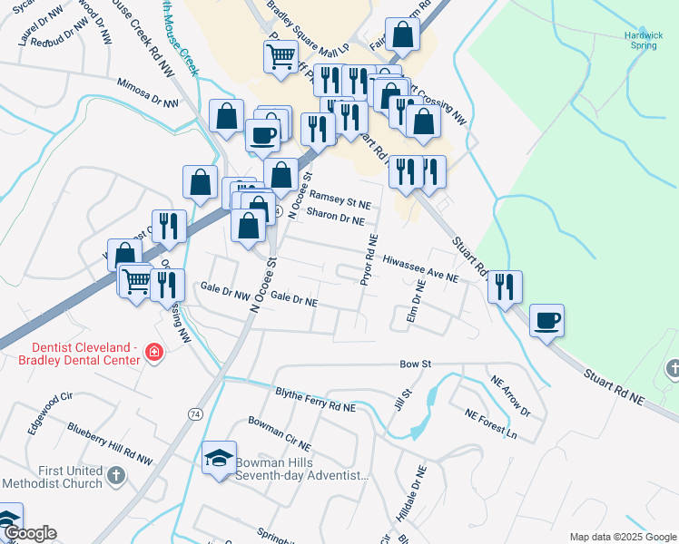 map of restaurants, bars, coffee shops, grocery stores, and more near 60 Northcrest Circle Northeast in Cleveland