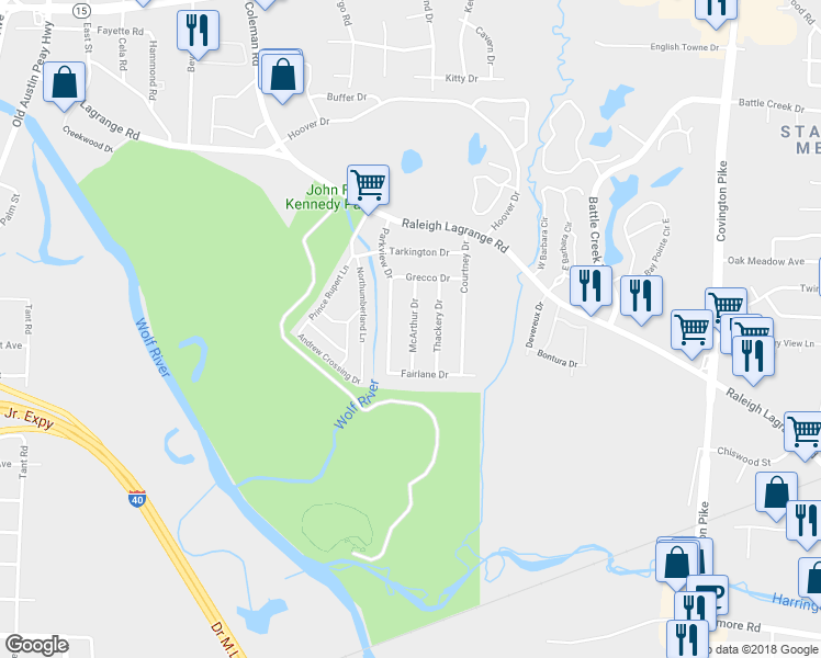 map of restaurants, bars, coffee shops, grocery stores, and more near 2547 McArthur Drive in Memphis