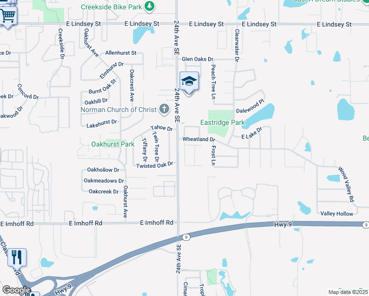 map of restaurants, bars, coffee shops, grocery stores, and more near 1914 Leeds Lane in Norman