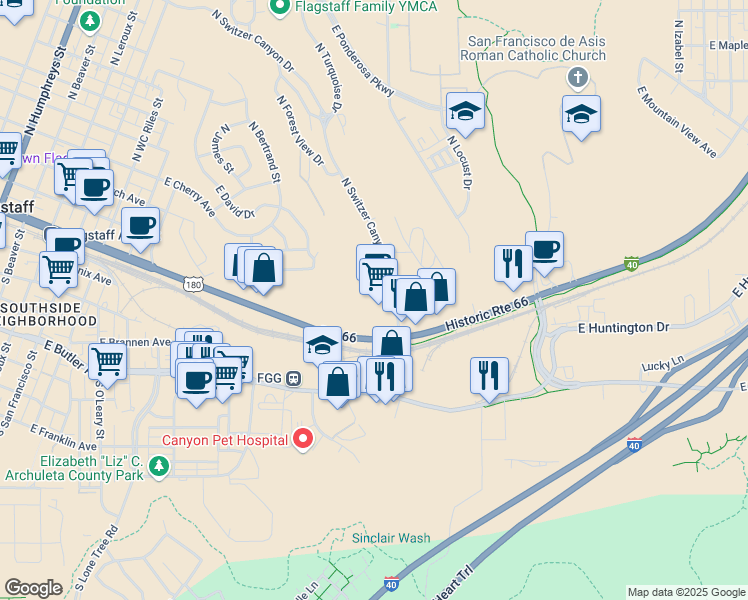 map of restaurants, bars, coffee shops, grocery stores, and more near 201 North Switzer Canyon Drive in Flagstaff