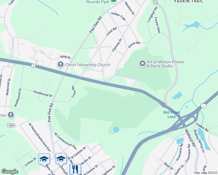 map of restaurants, bars, coffee shops, grocery stores, and more near 1130 Midland Road in Southern Pines